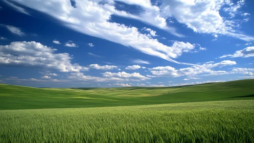 Green wheat field under bright blue sky with clouds.