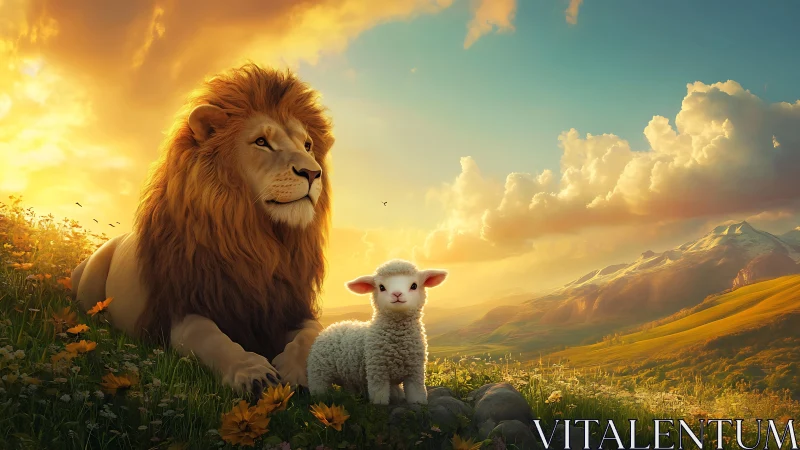 Lion and lamb rest under radiant golden sunset sky.