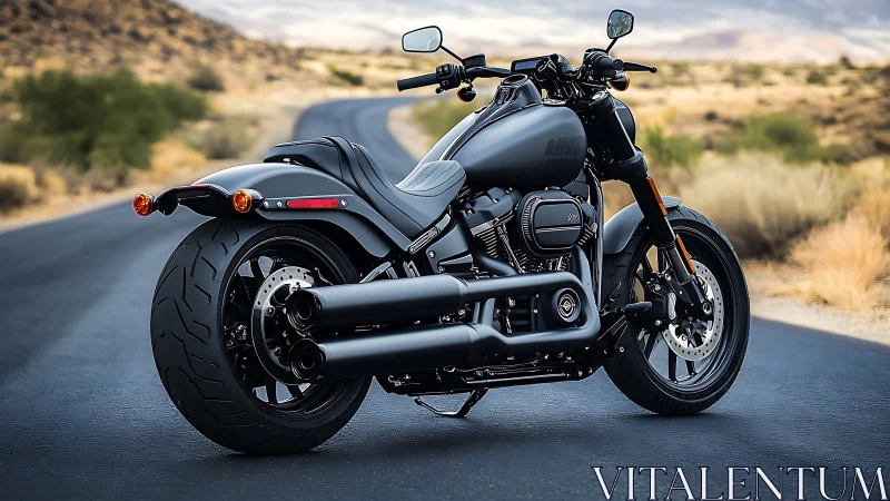 Matte black cruiser motorcycle dominates empty desert highway.