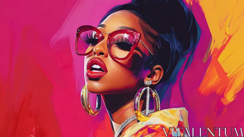 Stylized portrait of woman with glasses and hoop earrings.