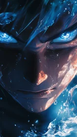 Male anime face rendered with glowing blue watery effects