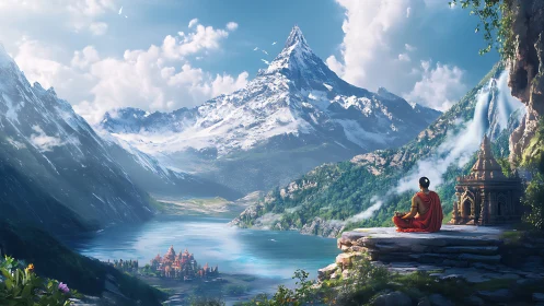 Monk meditating above alpine lake with snow-capped peak
