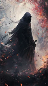 Hooded entropy warden amid incinerated autumn forestscape.