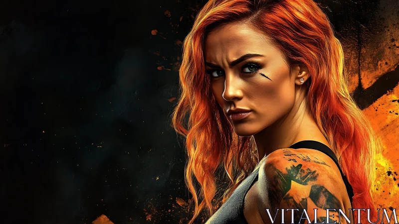 Fierce warrior woman meets firelit shadows with steady gaze