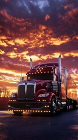 Aerodynamic red semi truck with LED lighting under dramatic sunset