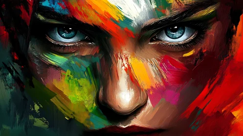 Intense blue eyes emerge through vivid abstract color strokes.