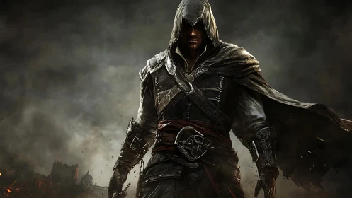 Hooded figure in dark fantasy armor amid smoke and ruins.