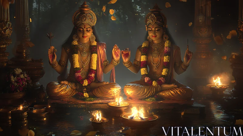 Golden-lit twin deities amid ritual lamps and floating petals