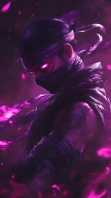 Masked shadow warrior channels glowing violet energy