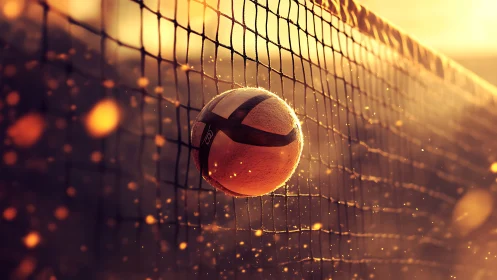 Sunlit volleyball striking net amid glowing dust particles.
