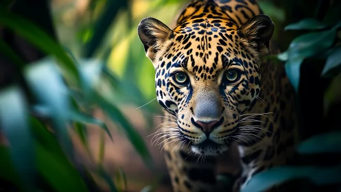 Jaguar emerging through dense rainforest foliage in focus.