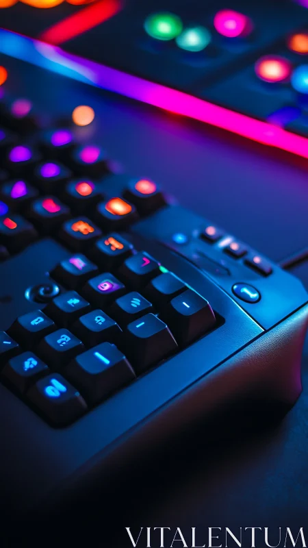 Illuminated mechanical keyboard with ambient lighting setup.