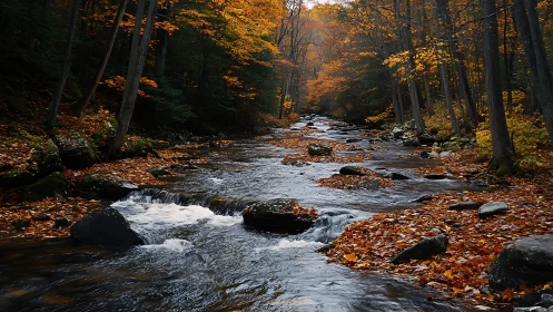 Rushing forest creek carving through vivid autumn foliage.