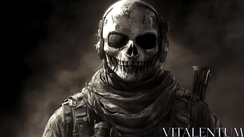 Skull-masked tactical operator emerges from dark smoke.