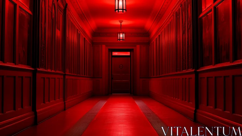 Monochromatic red corridor with central vanishing point symmetry