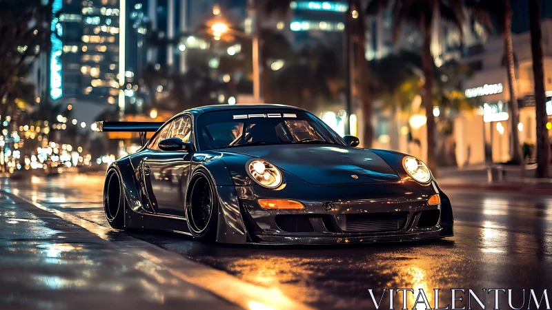 Low, wide sports car is parked on wet city street at night