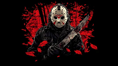 Masked slasher grips bloodied machete in red forest