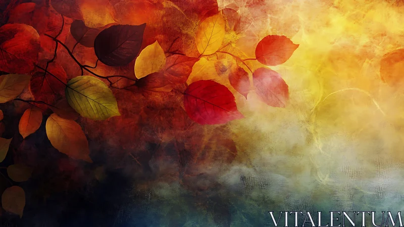 Autumn foliage drifts through textured warm misty gradient background.