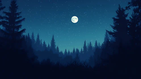 Full Moon Rising Over Coniferous Forest at Starlit Night