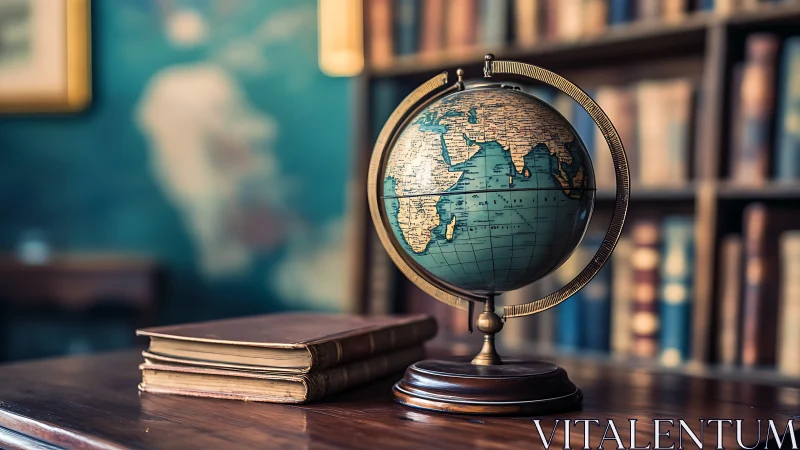 Vintage world globe and old books on wooden desk in library.
