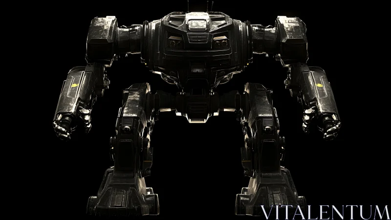 Armored combat mech stands in dramatic low-key lighting.