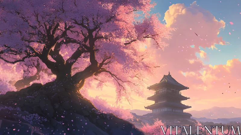 Cherry tree and tiered pagoda stand under diffuse sunset light