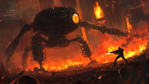 Large quadruped combat mech advances through burning cityscape