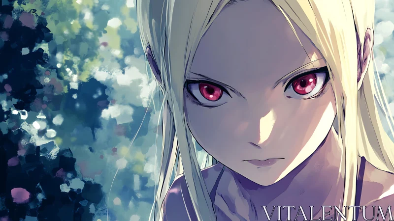 Blonde anime figure with red eyes in close frontal view.