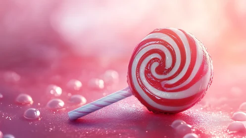 Red and white lollipop gleaming on a pink sparkly surface.