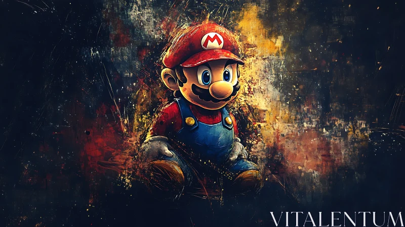 Playful mustached hero bursts from bold painted sparks.