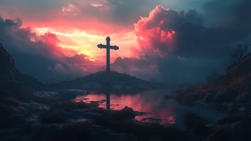 Backlit wooden cross over reflective mountain marsh at dusk