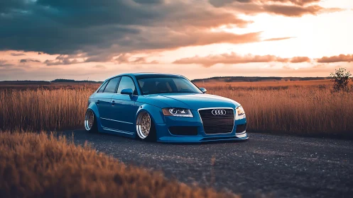 Lowered blue Audi on rural road at sunset horizon glow.