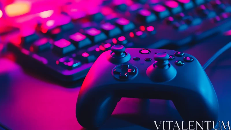 Neon-lit gaming controller with RGB keyboard background focus.