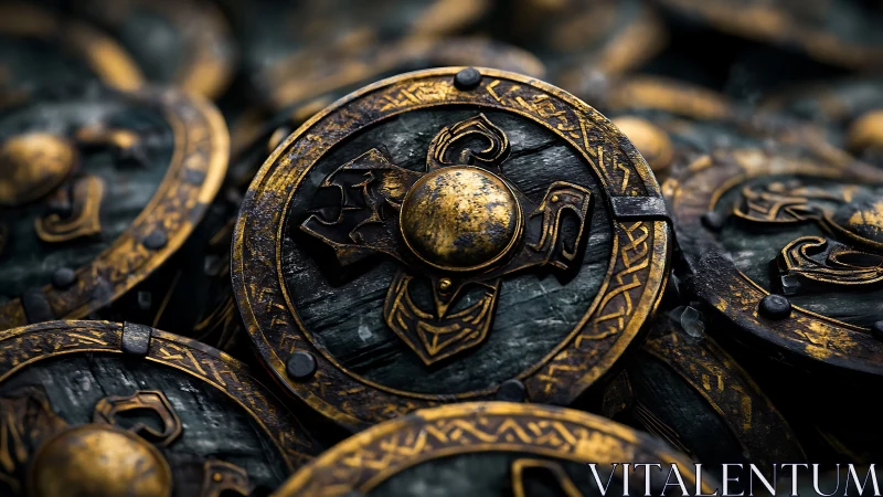 Battleworn golden round shields dreaming of old wars.