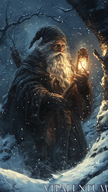 Elderly bearded wanderer with lantern in snowy forest night.