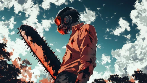 Masked antihero with bloody chainsaw under vivid sky.