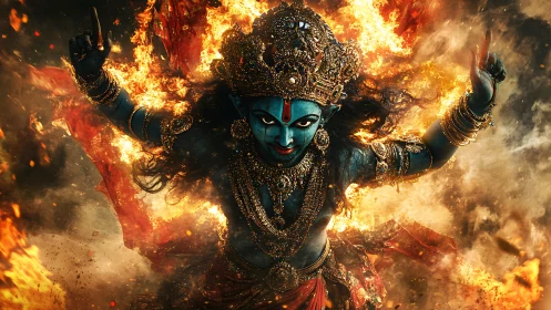 Fire-draped warrior goddess storms forward through embers