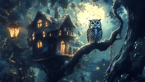 Moonlit owl guardian watching over a cozy forest treehouse.