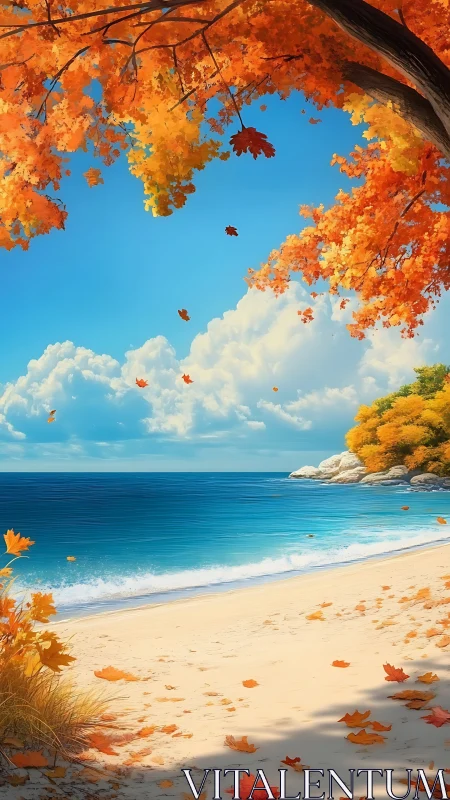 Autumn foliage above bright tropical style beach shoreline.