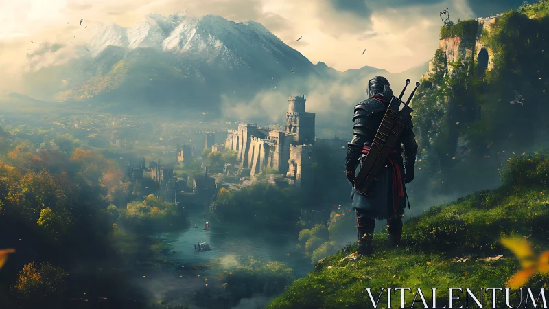 Armored ranger overlooking misty river citadel at sunrise.