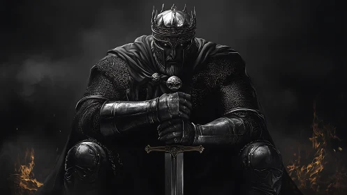 Brooding dark king resting in heavy armor and shadowed fire.