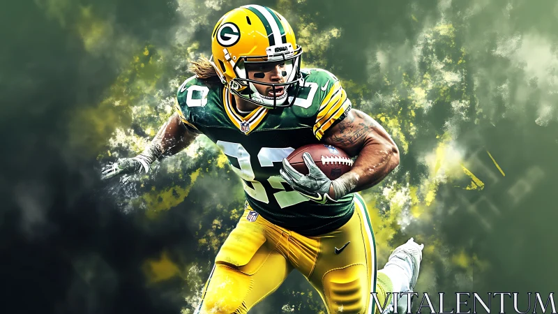 Green Bay running back sprints through smoky abstract field