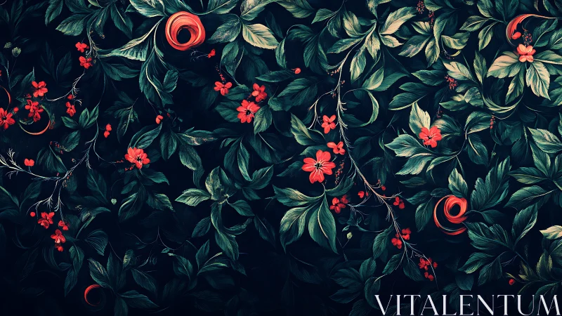Dark botanical pattern with dense green leaves and red flowers.