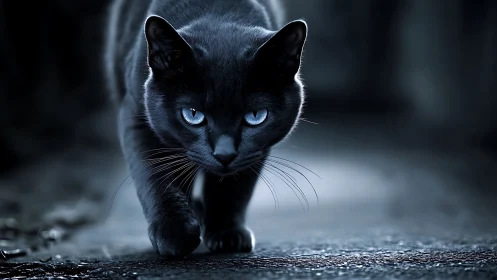 Midnight Prowler: Sleek Black Cat with Piercing Blue Gaze.