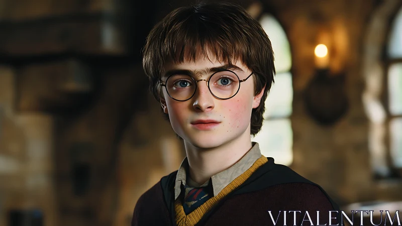 Youth in school robe under warm interior lighting faces camera