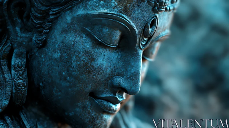 Serene close-up of blue-toned meditative deity sculpture.