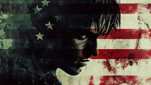 Grainy male profile intersects distressed American flag backdrop