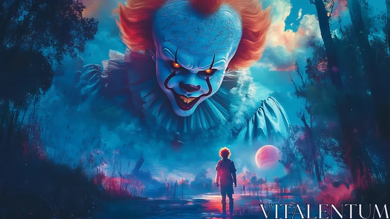 Neon swamp showdown with a colossal nightmare clown face.