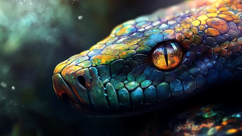 Iridescent serpent head glows under cinematic macro lighting.