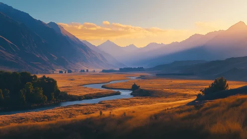 Sunlit river valley winds beneath towering mountain silhouettes.